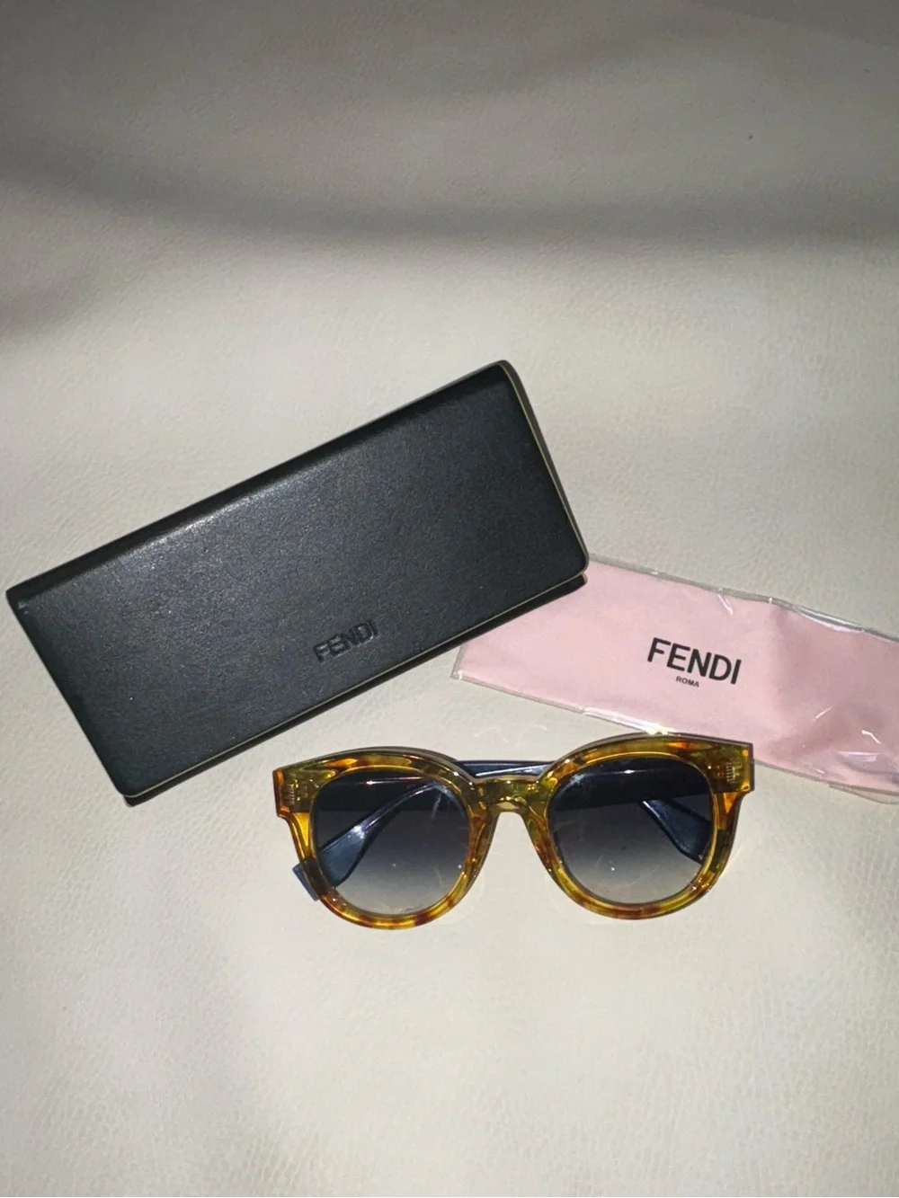 Fendi Womens Tortoiseshell Amber Frame Sunglasses with Gradient Blue Lenses